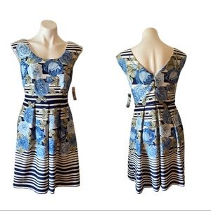 R&M Richards Blue Floral and Striped Midi Dress